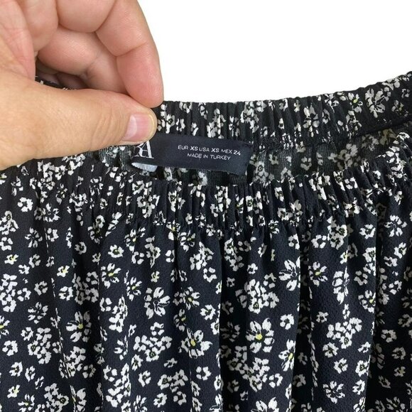 Zara Black White Floral Off Shoulder Midi Dress Ruffled With Rushing XS - Picture 14 of 15